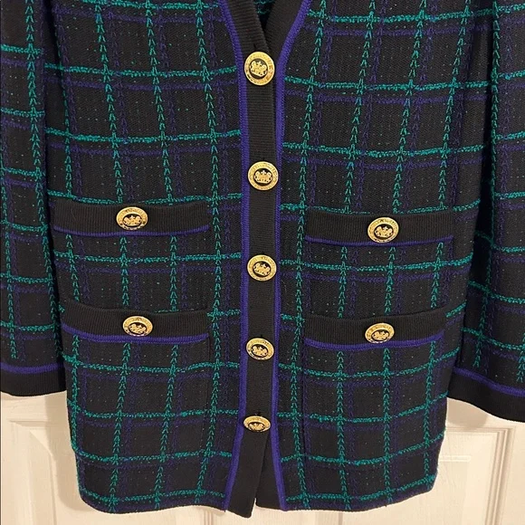 St. John Collection Marie Gray Plaid Knit Cardigan Gold Crest Buttons Size Small